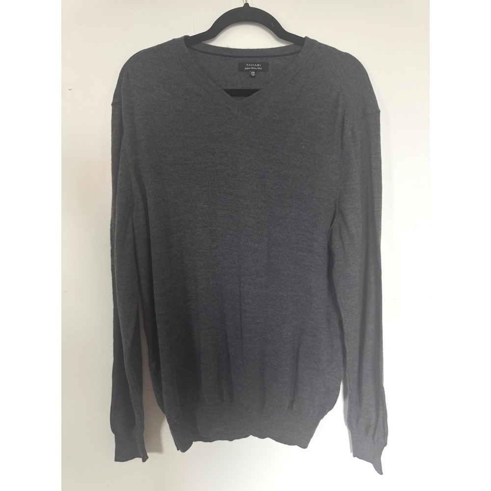 Tahari Mens XXL Charcoal Gray Italian Merino Wool V-Neck Sweater Made in Italy
